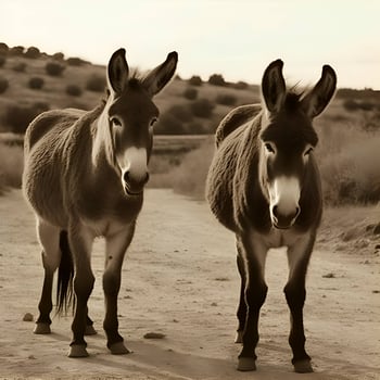 Two donkeys walking in the desert. Monochrome image. photo