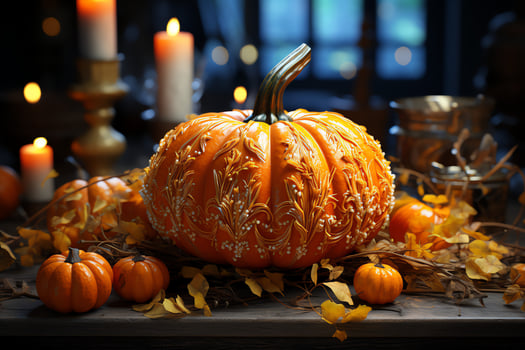 Thanksgiving day meal with pie, pumpkin, oranges, or roasted chicken in oven form. Thanksgiving food concept by photo