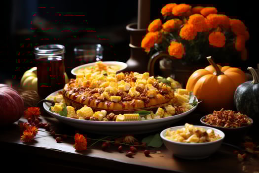 Thanksgiving day meal with pie, pumpkin, oranges, or roasted chicken in oven form. Thanksgiving food concept by photo