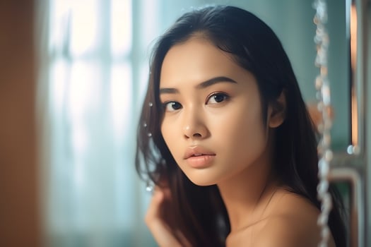Attractive freshness asian woman clean face fresh water with care look to mirror in bathroom home concept by photo