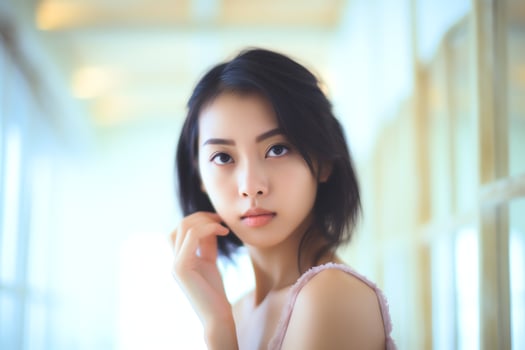 Attractive freshness asian woman clean face fresh water with care look to mirror in bathroom home concept by photo