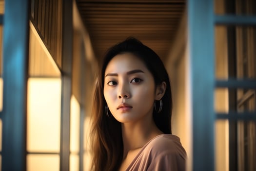 Attractive freshness asian woman clean face fresh water with care look to mirror in bathroom home concept by photo