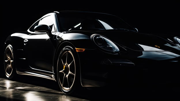 Close up front view of black sports car with copy space. photo