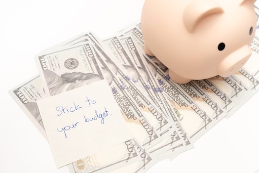 Dollars cash money with text written note STICK TO YOUR BUDGET and Piggy bank. concept of financial planning to save money by spending less. Finance and business concept. photo