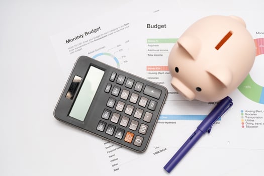 Piggy bank with calculator on business graph on white background and copy space, financial goal concept. Business concept. photo