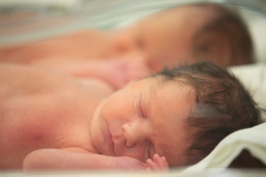 The face of a newborn baby behind the glass of a medical box. photo