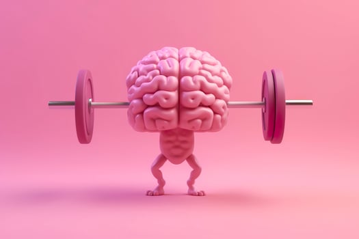 Human brain lifting weights. 3D brain lifting a heavy dumbbell. Mind training, memory health, Alzheimer's prevention, brain training, education, study and menthal health concept. photo