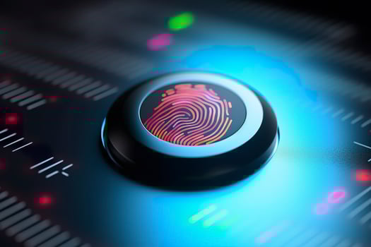 Fingerprint Authentication Button. Biometric Security. Identification and cyber security concept. Glowing neon fingerprint on dark background. photo