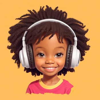 Happy cute african american boy with headphones isolated on yellow background. photo