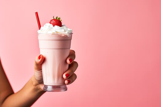 Strawberry milkshake in female hand on a pink background photo