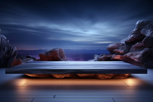 Universal abstract backdrop in gray-blue, featuring integrated lighting for product showcases photo