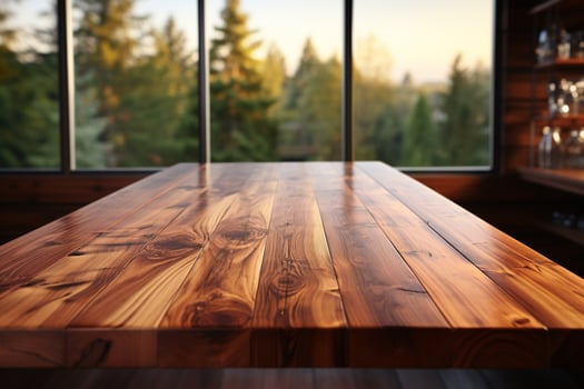 Wood table top on a kitchen room backdrop for showcasing products or visuals photo