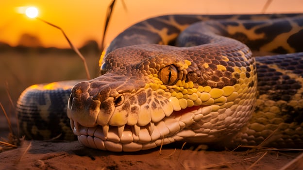 Photo of African Rock Python on savanna at sunset.