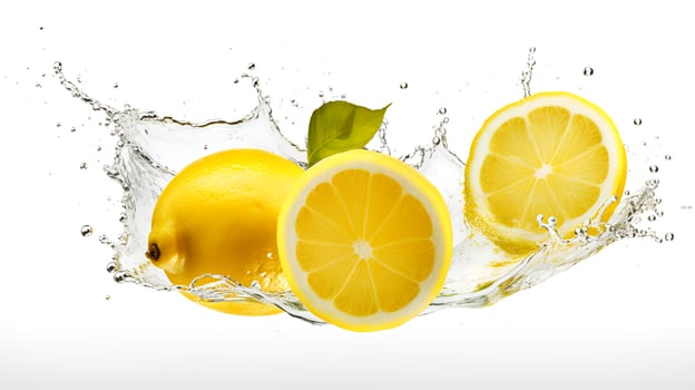 Photo of Fresh Lemon Slices with Water Splashes isolated on white background.