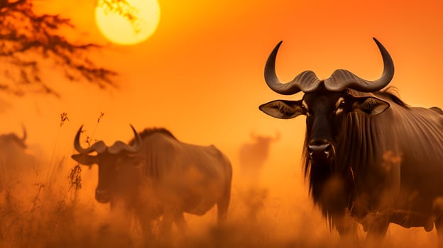 Photo of Wildebeest on savanna at sunset.