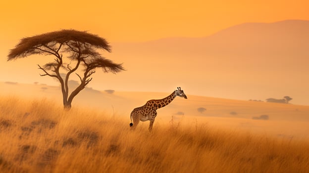 Photo of giraffe on savanna at sunset.