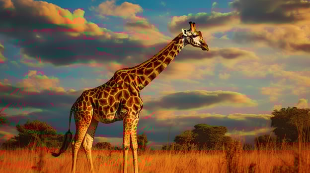 Photo of giraffe on savanna at sunset.
