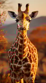 Close up photo of giraffe on savanna at sunset.