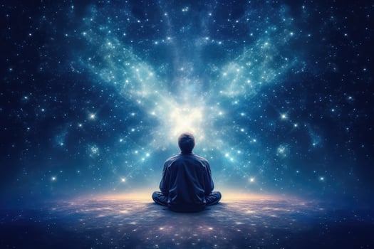 Man meditating about the big bang of the universe conce. photo