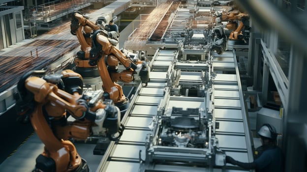 Overhead view of robotic precision on an automotive assembly line photo