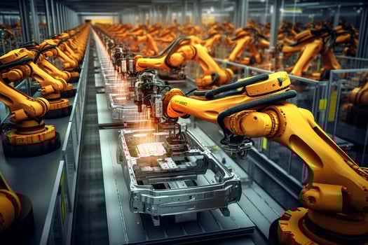 Overhead view of robotic precision on an automotive assembly line photo
