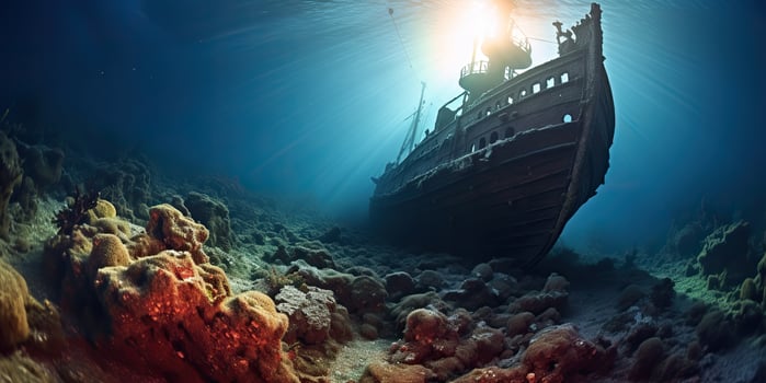 . . Under water sea ocean scuba difing adventures. Underwater explore trip old histiry ship. Nautical marine deep bluew vibe.Graphic Art photo