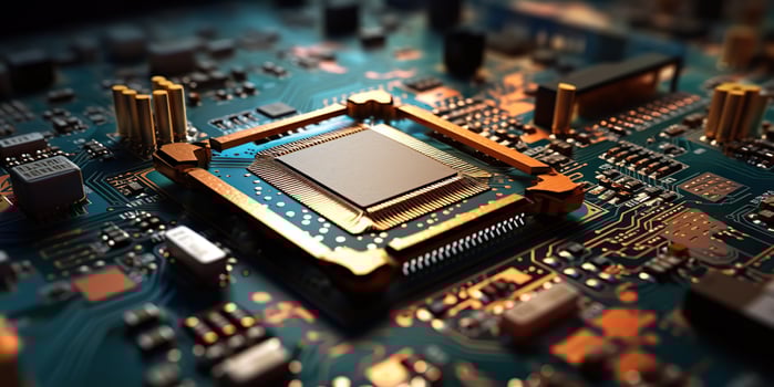 . . PC computer micro chip processor motherboard background. Digital data future background science vibe. Graphic Art photo