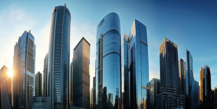 . . Wide angle photo illustration of city town skyscraper downtown outdoor landscape. Finance center vibe. Graphic Art