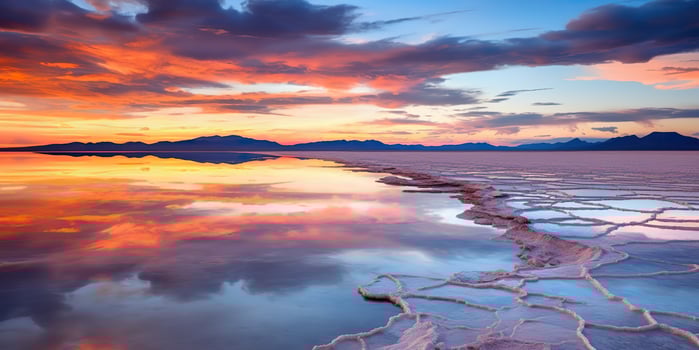 . . Bolivia salt lake. Pink clouds reflect on water lake surface. Adventure travel vacation outdoor nature vibe. Graphic Art photo