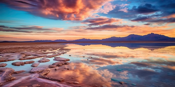 . . Bolivia salt lake. Pink clouds reflect on water lake surface. Adventure travel vacation outdoor nature vibe. Graphic Art photo