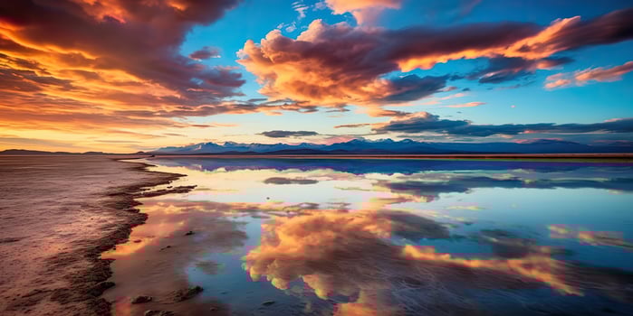 . . Bolivia salt lake. Pink clouds reflect on water lake surface. Adventure travel vacation outdoor nature vibe. Graphic Art photo
