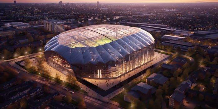 . . Aerial drone air view of arena stadium sport football soccer game. Night building in lights. Graphic Art photo