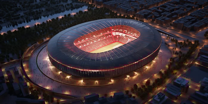 . . Aerial drone air view of arena stadium sport football soccer game. Night building in lights. Graphic Art photo