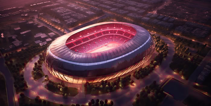 . . Aerial drone air view of arena stadium sport football soccer game. Night building in lights. Graphic Art photo