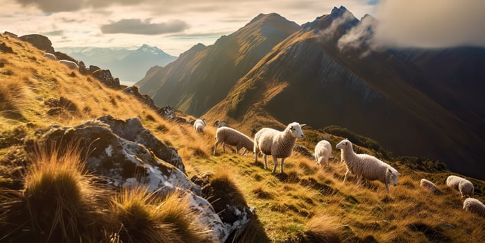 . . Sheeps grazing on beautiful mountain hills landscape. Peace chill outdoor nature vibe. Graphic Art photo