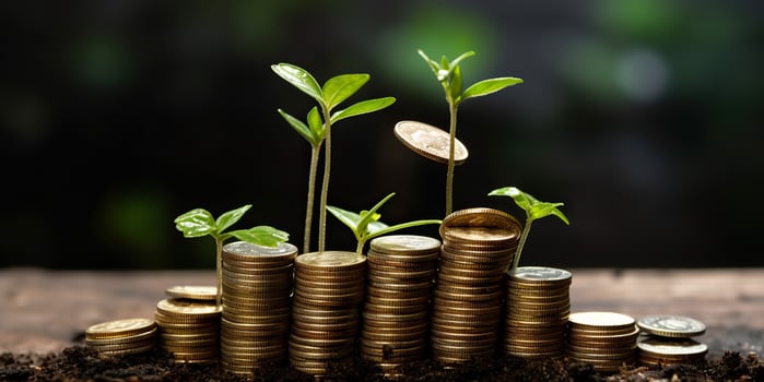 . . Growing finance money stock invest coins jar with green plant. Graphic Art photo