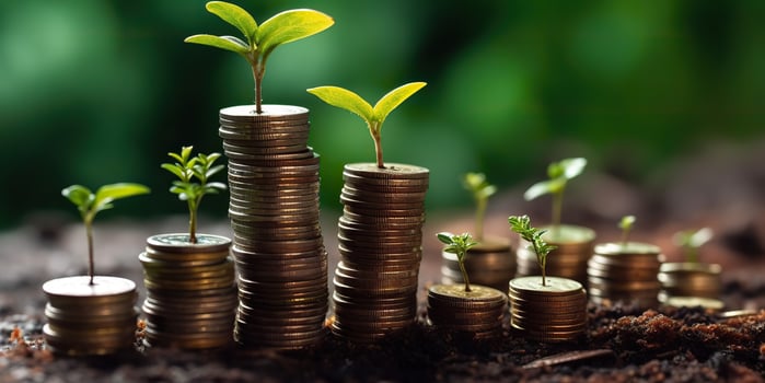 . . Growing finance money stock invest coins jar with green plant. Graphic Art photo