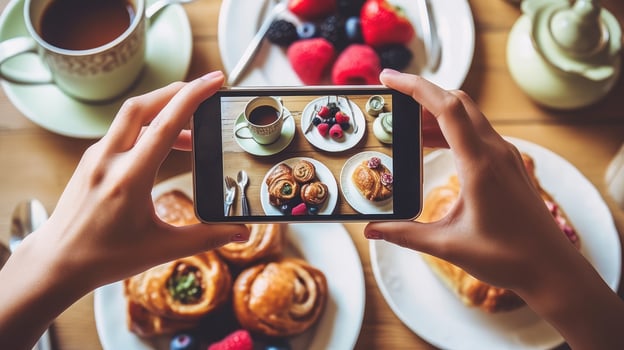 A woman takes a photo of a table with food