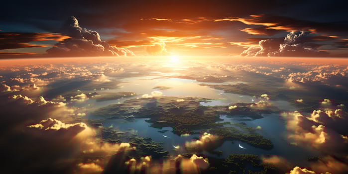 . . Air drone aerial view cloudscape landscape nature outdoor fly from above earth clouds sun sunbeams. Graphic Art photo