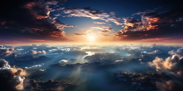 . . Air drone aerial view cloudscape landscape nature outdoor fly from above earth clouds sun sunbeams. Graphic Art photo