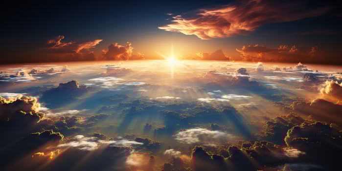 . . Air drone aerial view cloudscape landscape nature outdoor fly from above earth clouds sun sunbeams. Graphic Art photo