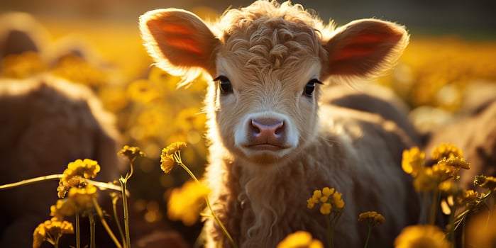 . . Beautiful young tittle calf on sunflower field at sunset. Nature landscape farm cow animal vibe. Graphic Art photo