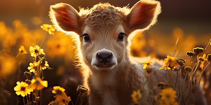 . . Beautiful young tittle calf on sunflower field at sunset. Nature landscape farm cow animal vibe. Graphic Art photo