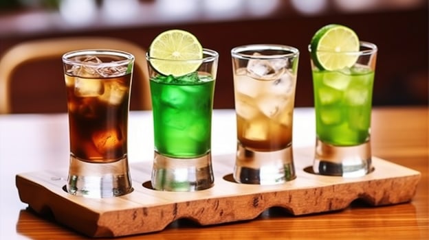 High Glasses with Cocktail Green Mexican Set on Wooden Board and Bar Table for Alcoholic Party. Decorated Ice Cubes, Coffee Bean and Sliced Lime. photo