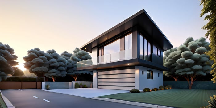 A modern house with a driveway in front of it photo