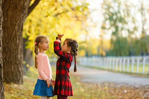 little girls measure height to each other in autumn park photo