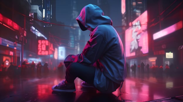 A person in a hoodie in a city. photo