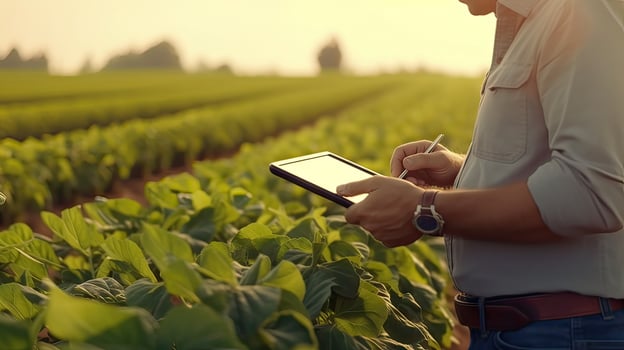 Modern Technology in Agriculture. Agronomist Utilizing Tablet for Agricultural Analysis. photo