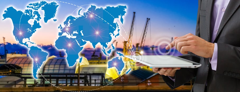 hand presses on world map with digital tablet,Industrial Container Cargo freight ship at dusk for Logistic Import Export background photo