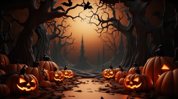 Halloween pumpkins in the graveyard on the spooky Night. Halloween background concept. . photo